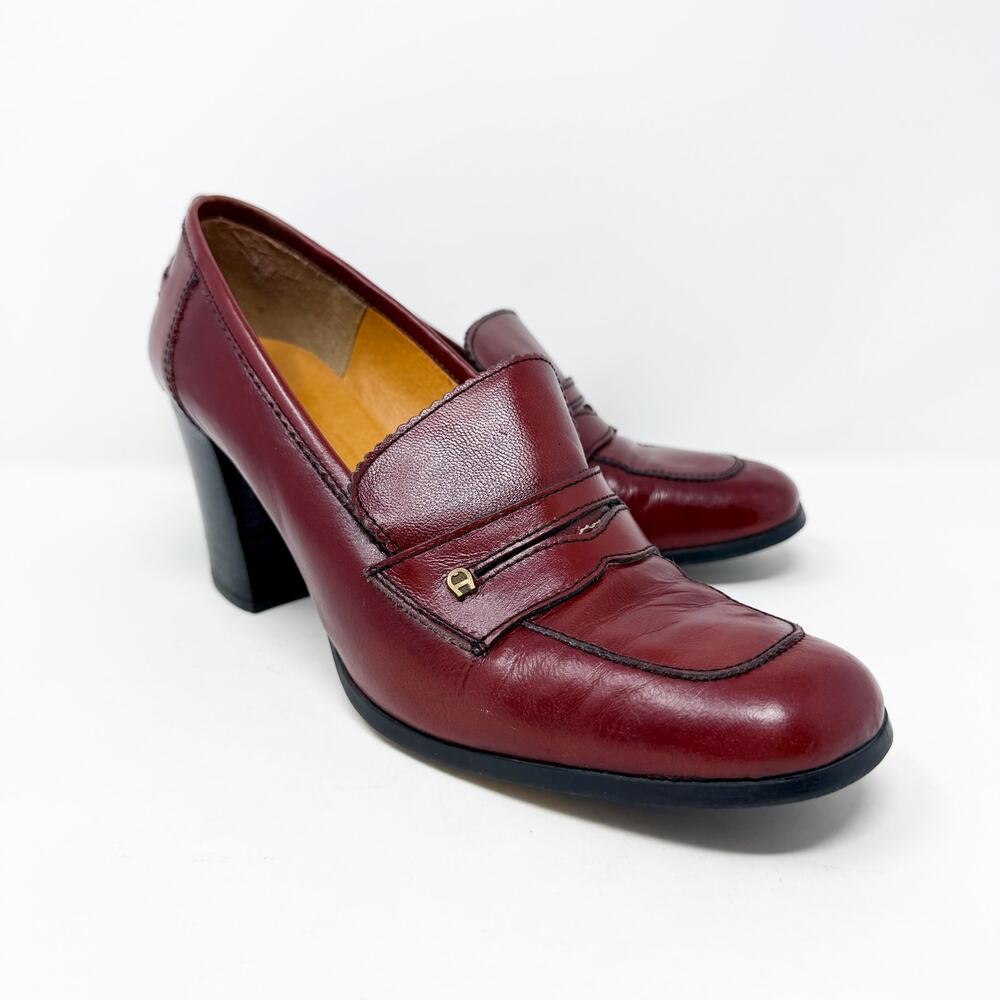 Vintage 70s Etienne Aigner Mahogany Leather High Heel Penny Loafers Size 10AA
